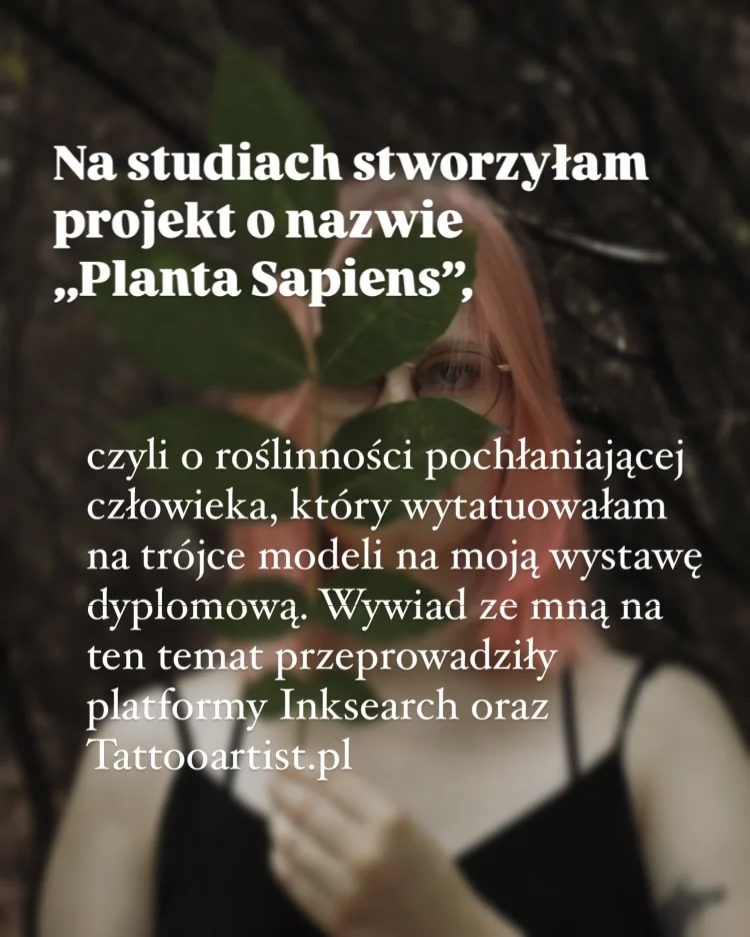 Klara Keczyńska w czarnym stroju na portretowym zdjęciu oraz slajdy z informacjami o jej drodze do tatuowania i inspiracjach artystycznych., zdjęcie 4 z 6