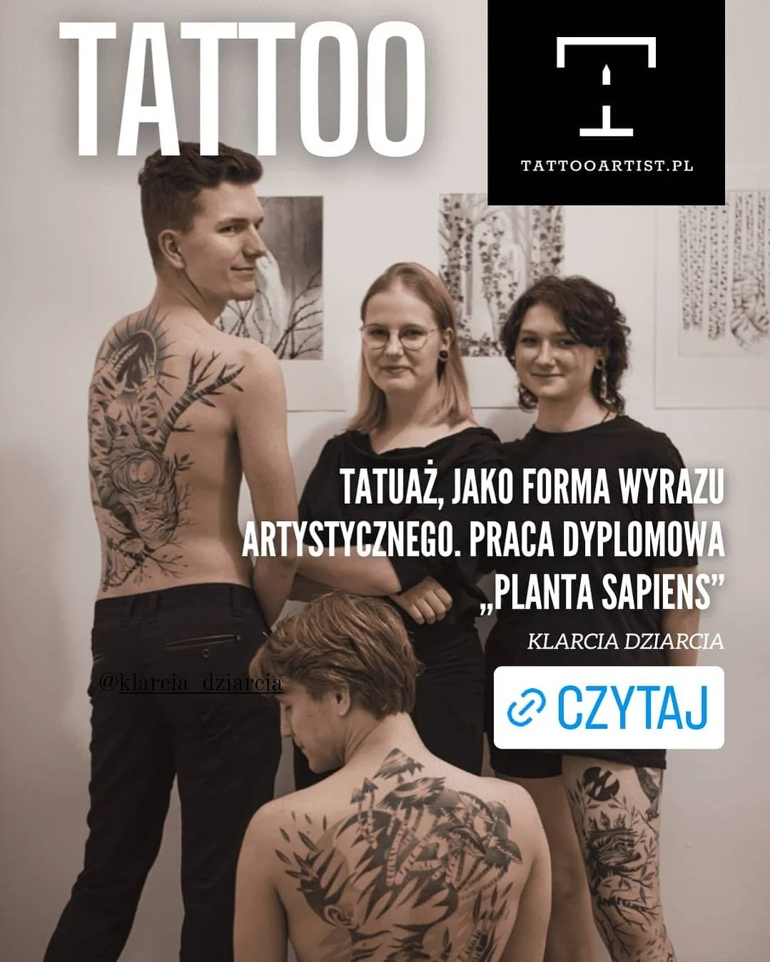 Klara Keczyńska w czarnym stroju na portretowym zdjęciu oraz slajdy z informacjami o jej drodze do tatuowania i inspiracjach artystycznych., zdjęcie 5 z 6