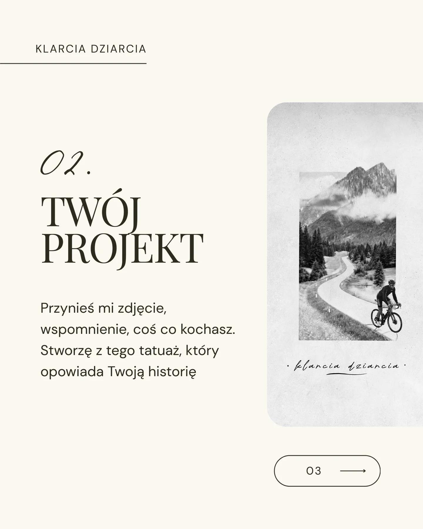 Karuzela prezentująca otwarte zapisy na tatuaż oraz dwa czarno-białe wzory inspirowane górską wędrówką: pejzaż z turystą i pejzaż z rowerzystą., zdjęcie 3 z 4