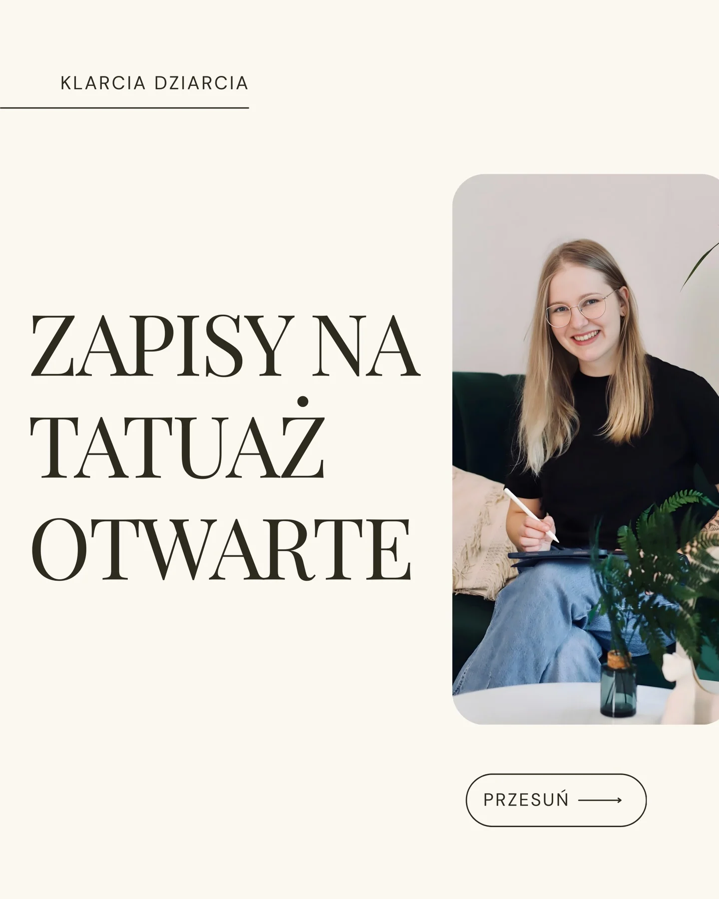 Karuzela prezentująca otwarte zapisy na tatuaż oraz dwa czarno-białe wzory inspirowane górską wędrówką: pejzaż z turystą i pejzaż z rowerzystą., zdjęcie 1 z 4
