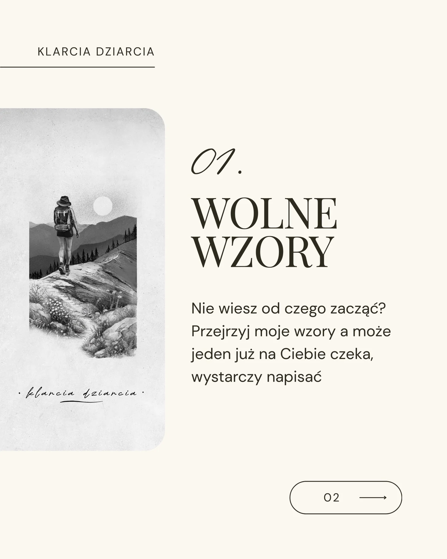 Karuzela prezentująca otwarte zapisy na tatuaż oraz dwa czarno-białe wzory inspirowane górską wędrówką: pejzaż z turystą i pejzaż z rowerzystą., zdjęcie 2 z 4