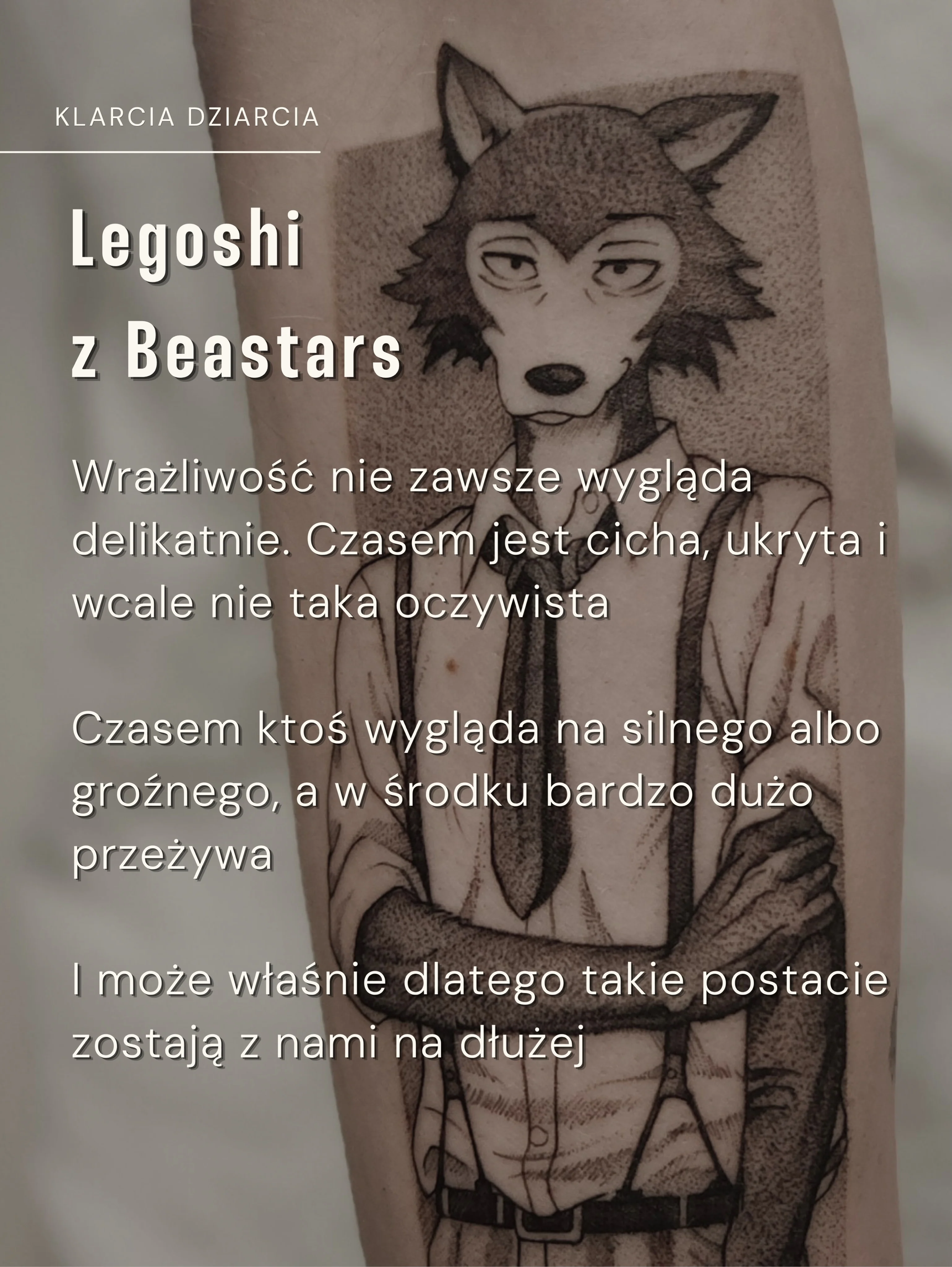 Karuzela przedstawia tatuaże inspirowane postaciami Nicka ze „Zwierzogrodu” i Legoshiego z „Beastars”; widoczny jest także zestawienie świeżego tatuażu Nicka oraz jego wyglądu rok później., zdjęcie 4 z 10