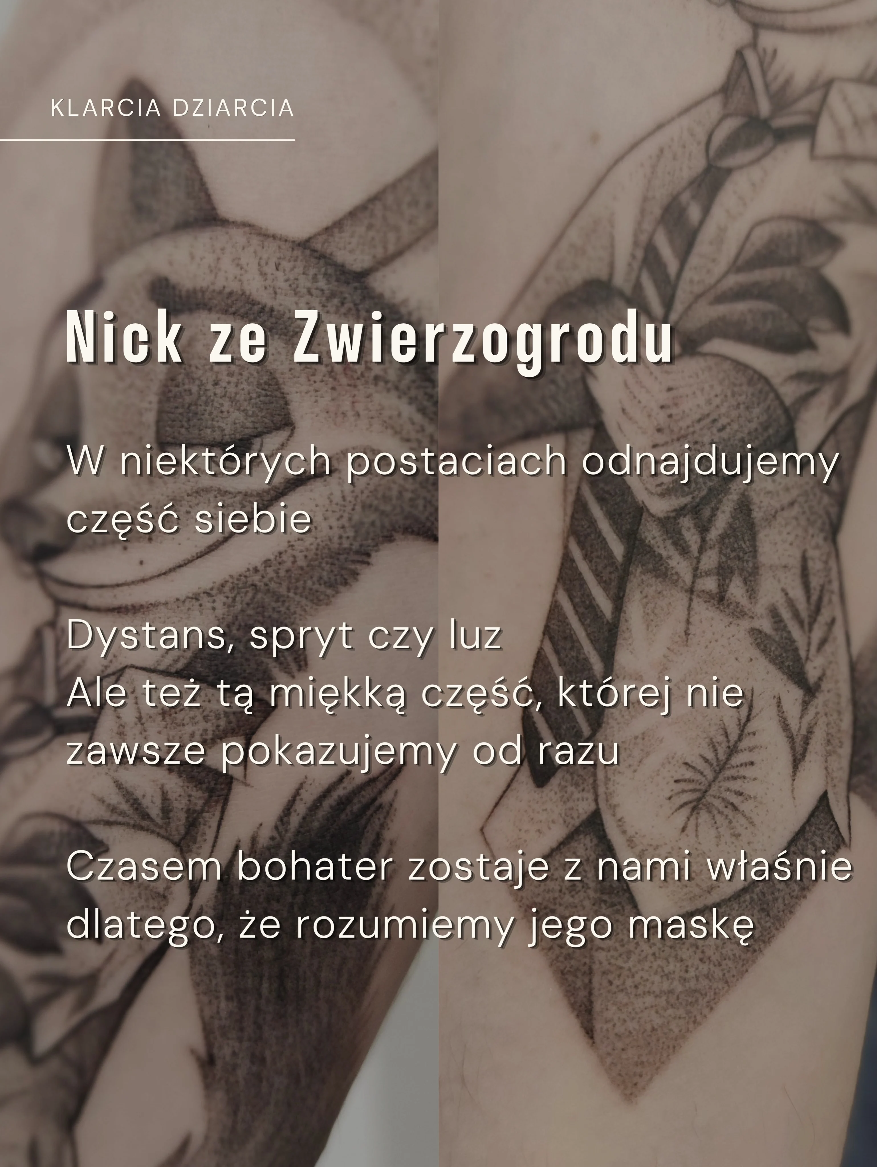 Karuzela przedstawia tatuaże inspirowane postaciami Nicka ze „Zwierzogrodu” i Legoshiego z „Beastars”; widoczny jest także zestawienie świeżego tatuażu Nicka oraz jego wyglądu rok później., zdjęcie 2 z 10