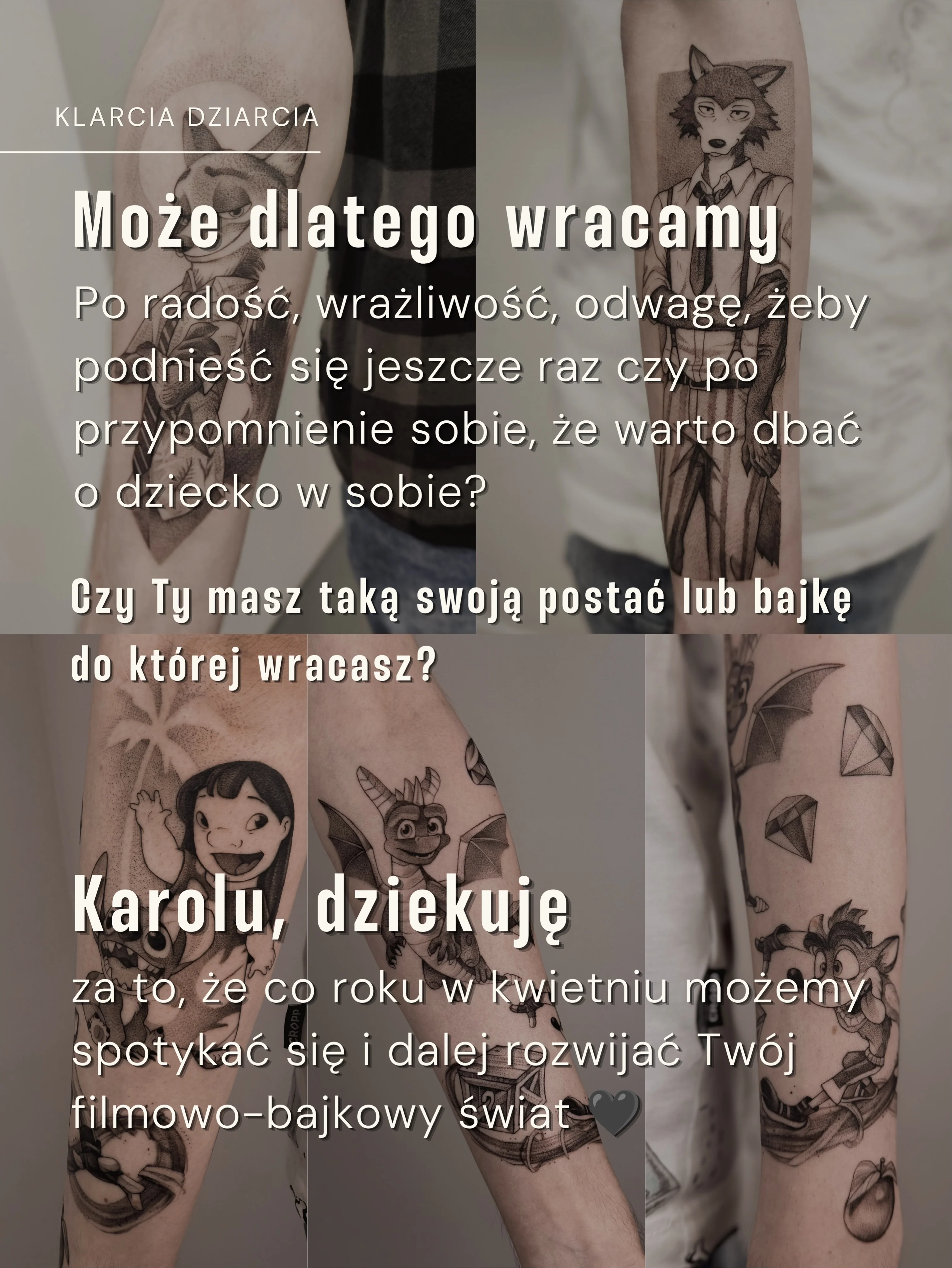 Karuzela przedstawia tatuaże inspirowane postaciami Nicka ze „Zwierzogrodu” i Legoshiego z „Beastars”; widoczny jest także zestawienie świeżego tatuażu Nicka oraz jego wyglądu rok później., zdjęcie 10 z 10