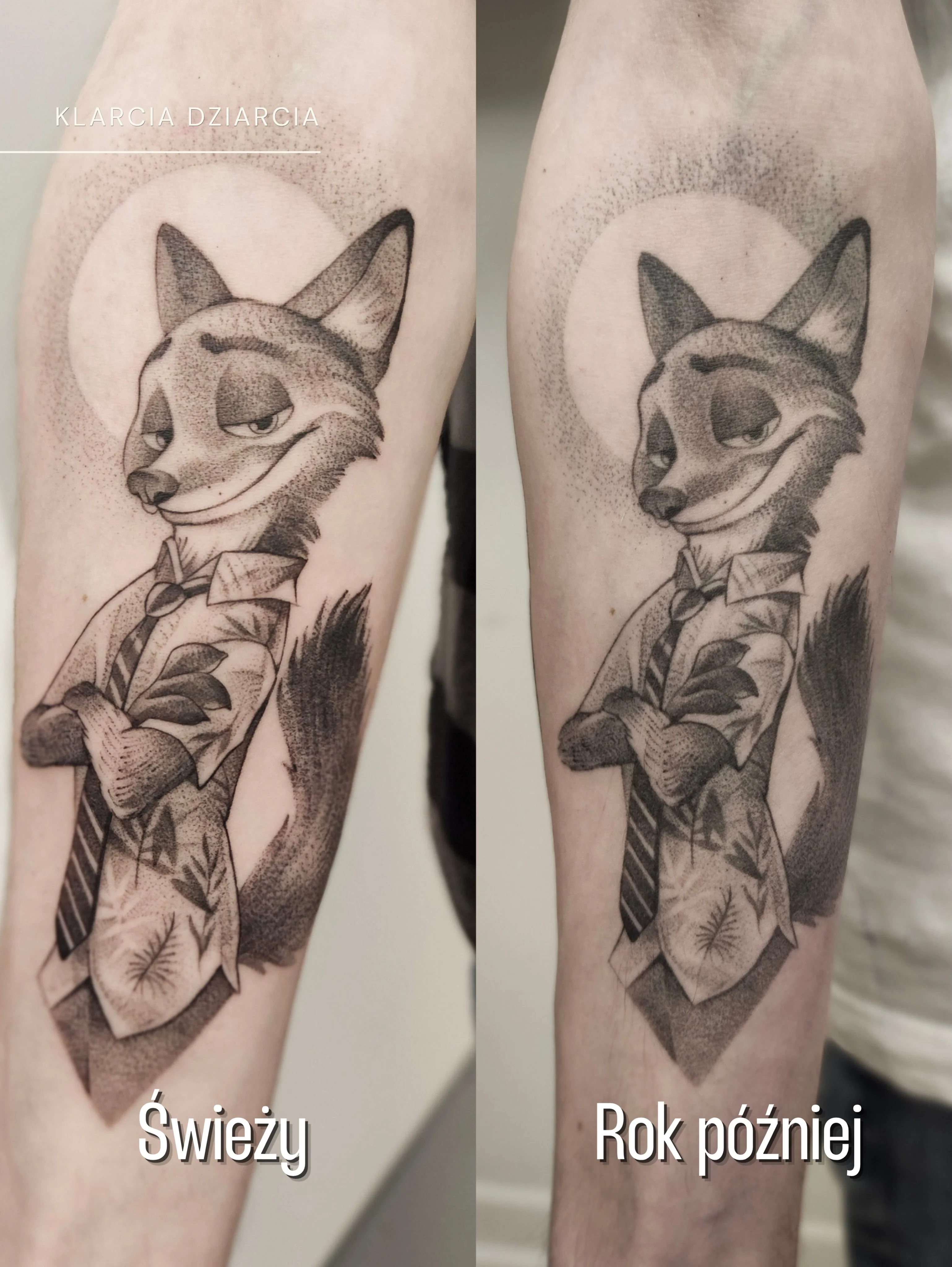 Karuzela przedstawia tatuaże inspirowane postaciami Nicka ze „Zwierzogrodu” i Legoshiego z „Beastars”; widoczny jest także zestawienie świeżego tatuażu Nicka oraz jego wyglądu rok później., zdjęcie 3 z 10