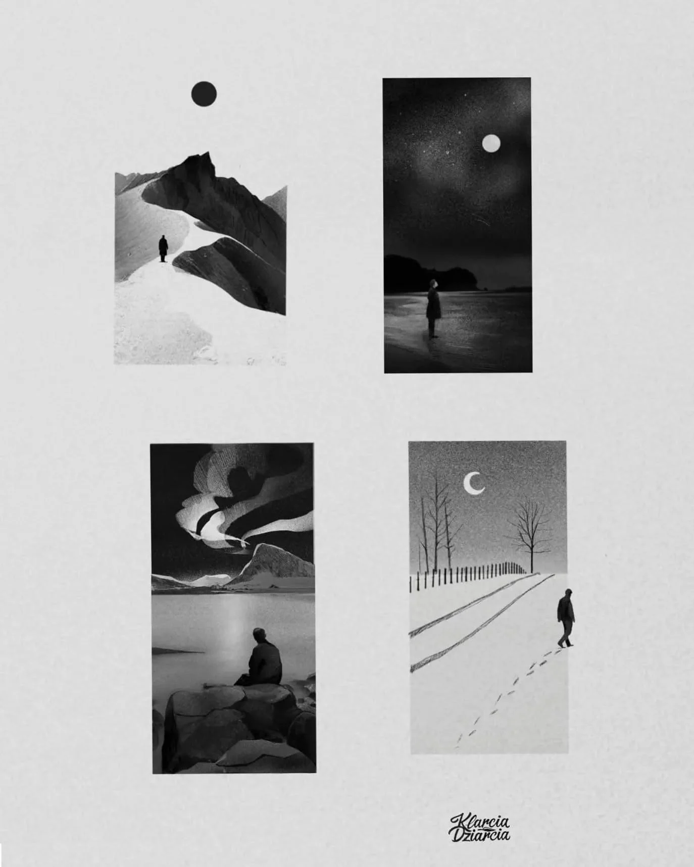Cztery czarno-białe projekty tatuaży przedstawiające melancholijne pejzaże: górski krajobraz, nocny widok z księżycem, postać nad wodą oraz zimową ścieżkę z drzewami i sylwetką człowieka.