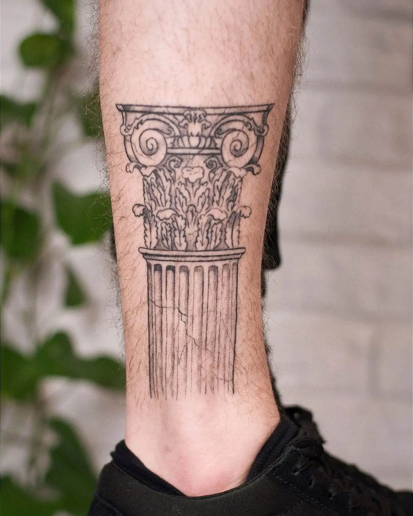 Wygojony tatuaż przedstawiający ornament inspirowany antyczną kolumną z ozdobnym kapitelem na owłosionej nodze.