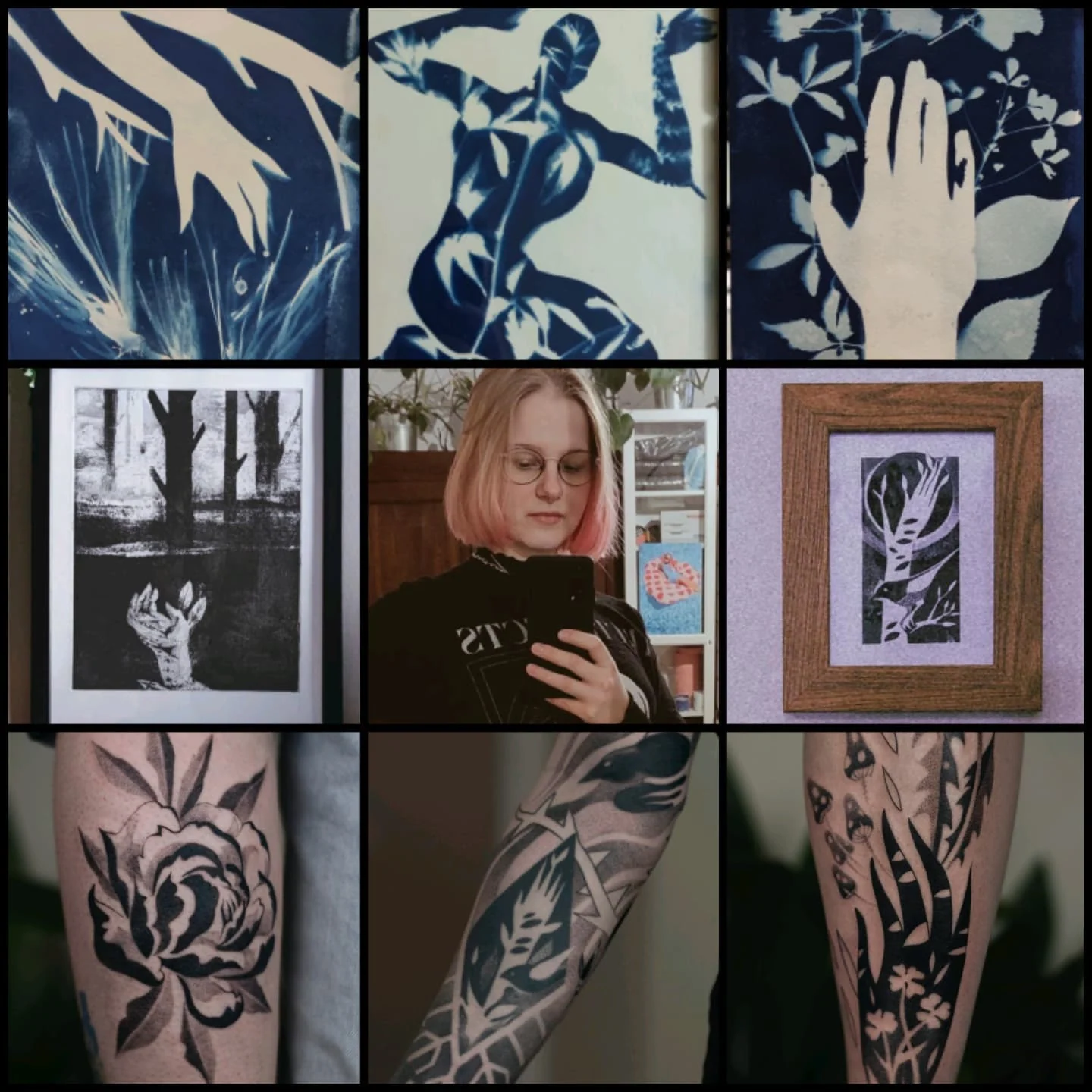 Kolaż przedstawiający botaniczne grafiki i sylwetki, portret Klary oraz zdjęcia wykonanych tatuaży z motywami roślinnymi.