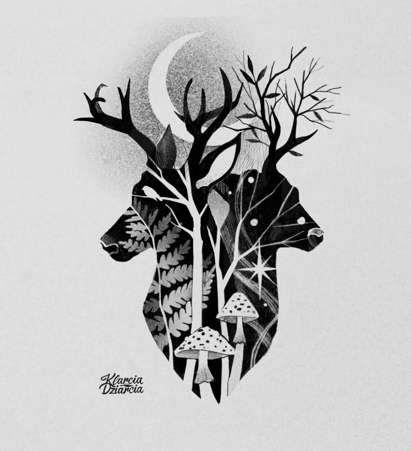 Czarno-biały projekt jelenia z porożem, drzewami, roślinami, grzybami i księżycem w tle.