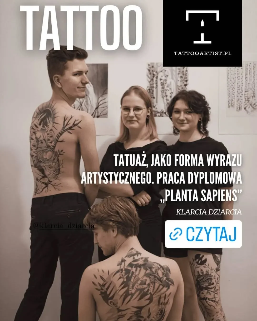 Grafika promująca artykuł portalu Tattooartist.pl o Klarze Dziarci, jej pracy dyplomowej i tatuażach; na zdjęciu widać Klarę oraz osoby z widocznymi tatuażami na plecach.