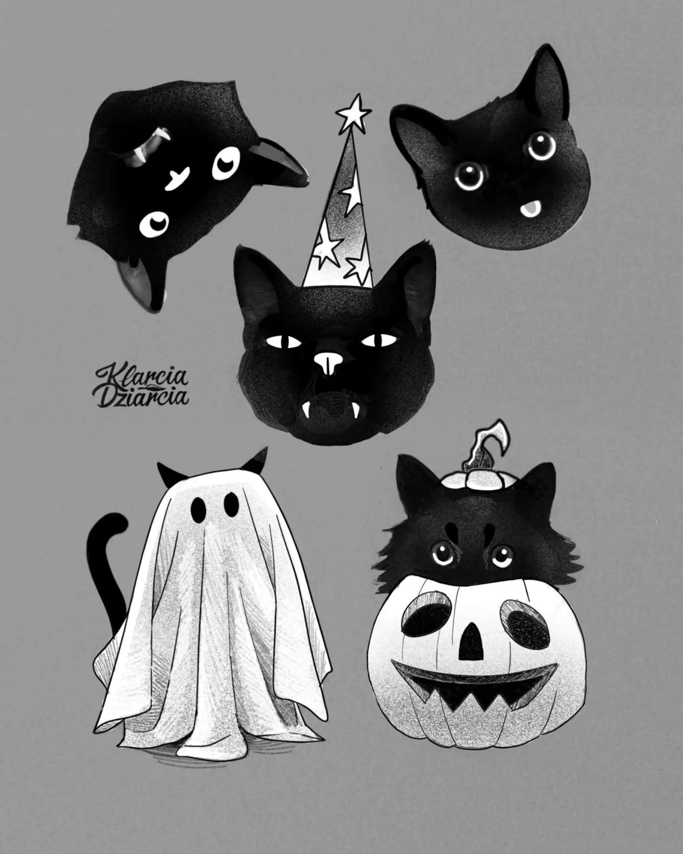 Czarno-białe wzory halloweenowych kotów i kotów przebranych za ducha, dynię oraz czarownicę; jeden z projektów przedstawia kota na tle dyni., zdjęcie 2 z 2