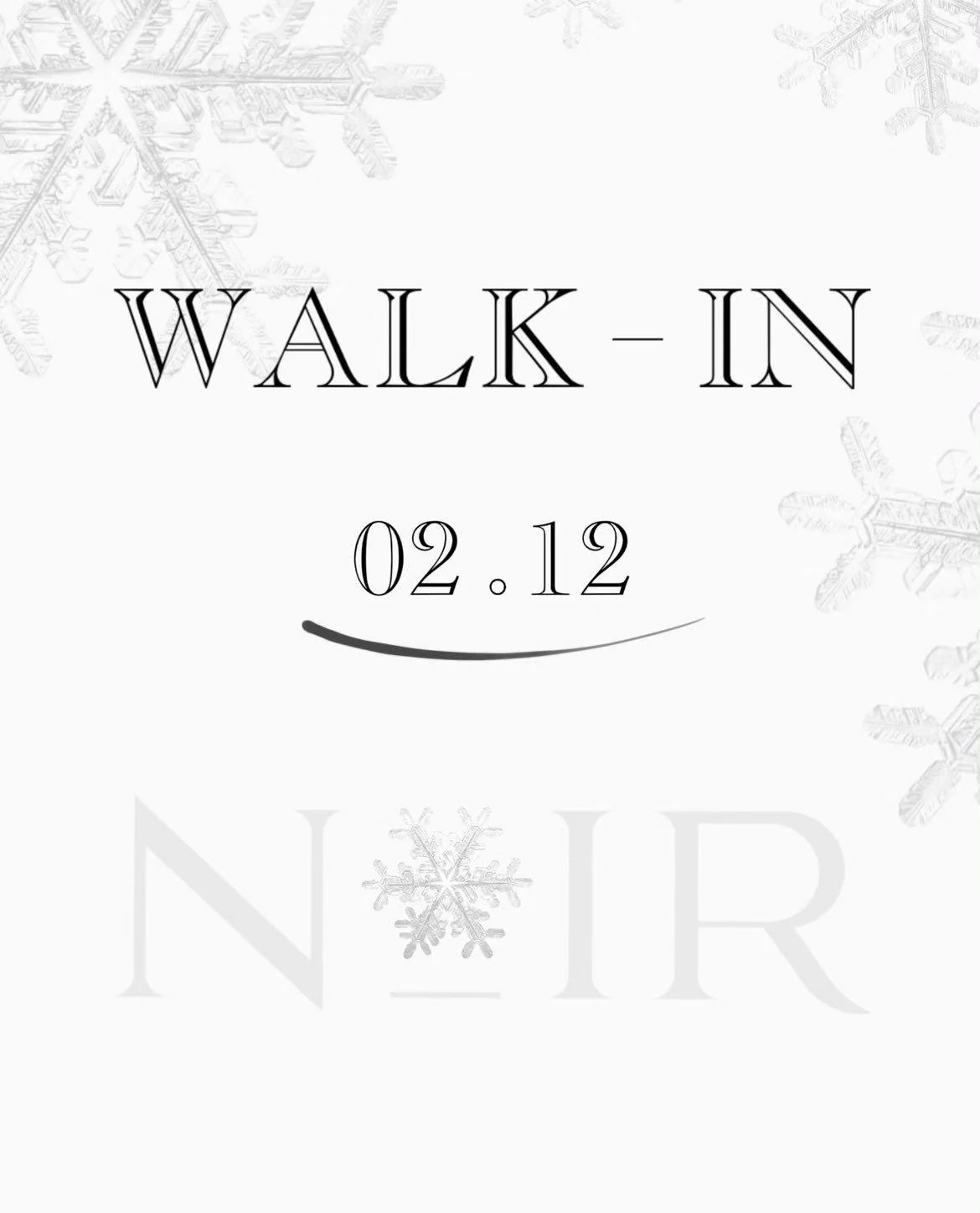 Grafika z napisem „WALK-IN” i datą „02.12”, utrzymana w jasnej, zimowej stylistyce z motywem śnieżynek.