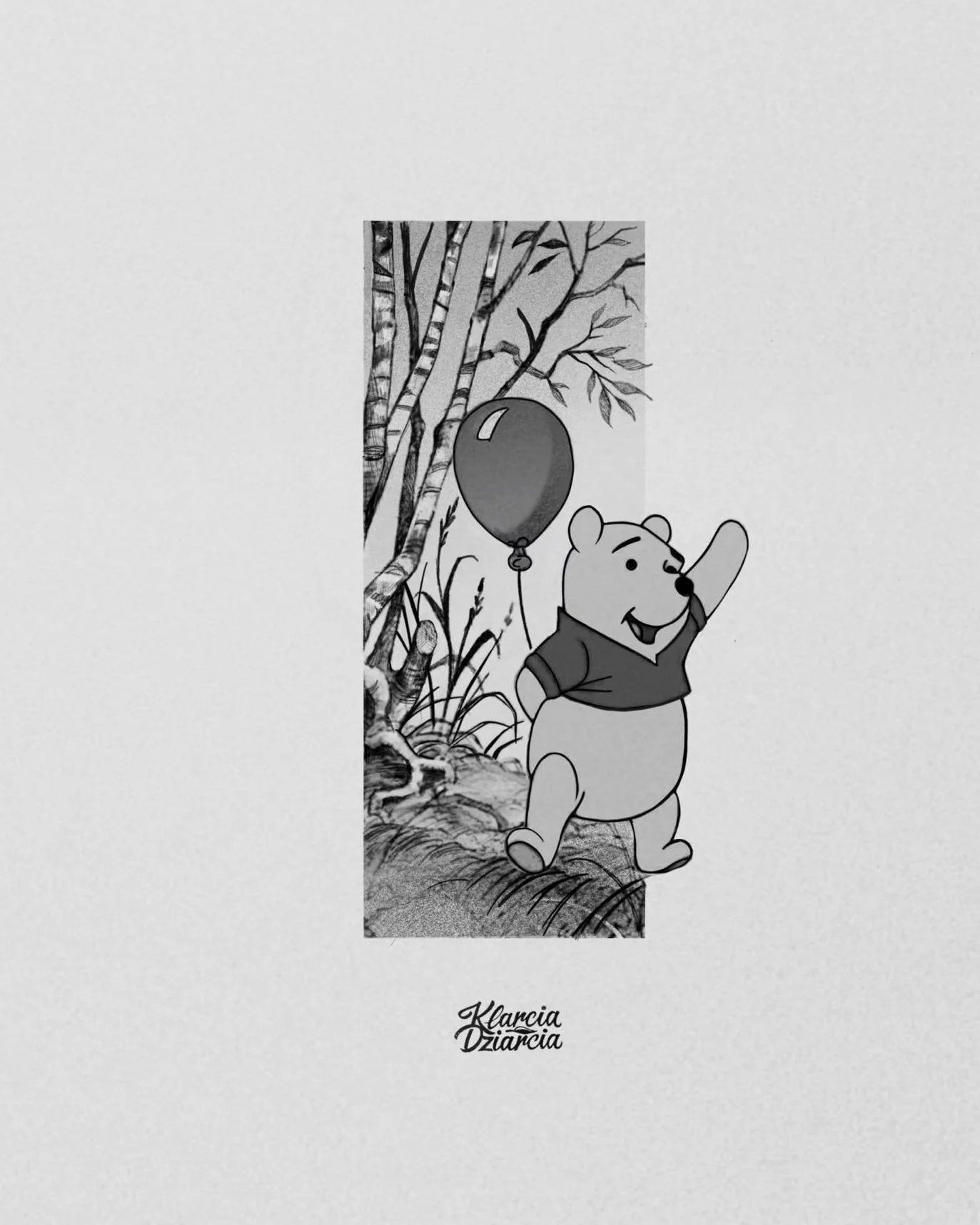 Cztery czarno-białe projekty tatuaży inspirowane animowanymi opowieściami: lwy na tle nocnego nieba oraz Kubuś Puchatek z balonem w leśnej scenerii., zdjęcie 2 z 3