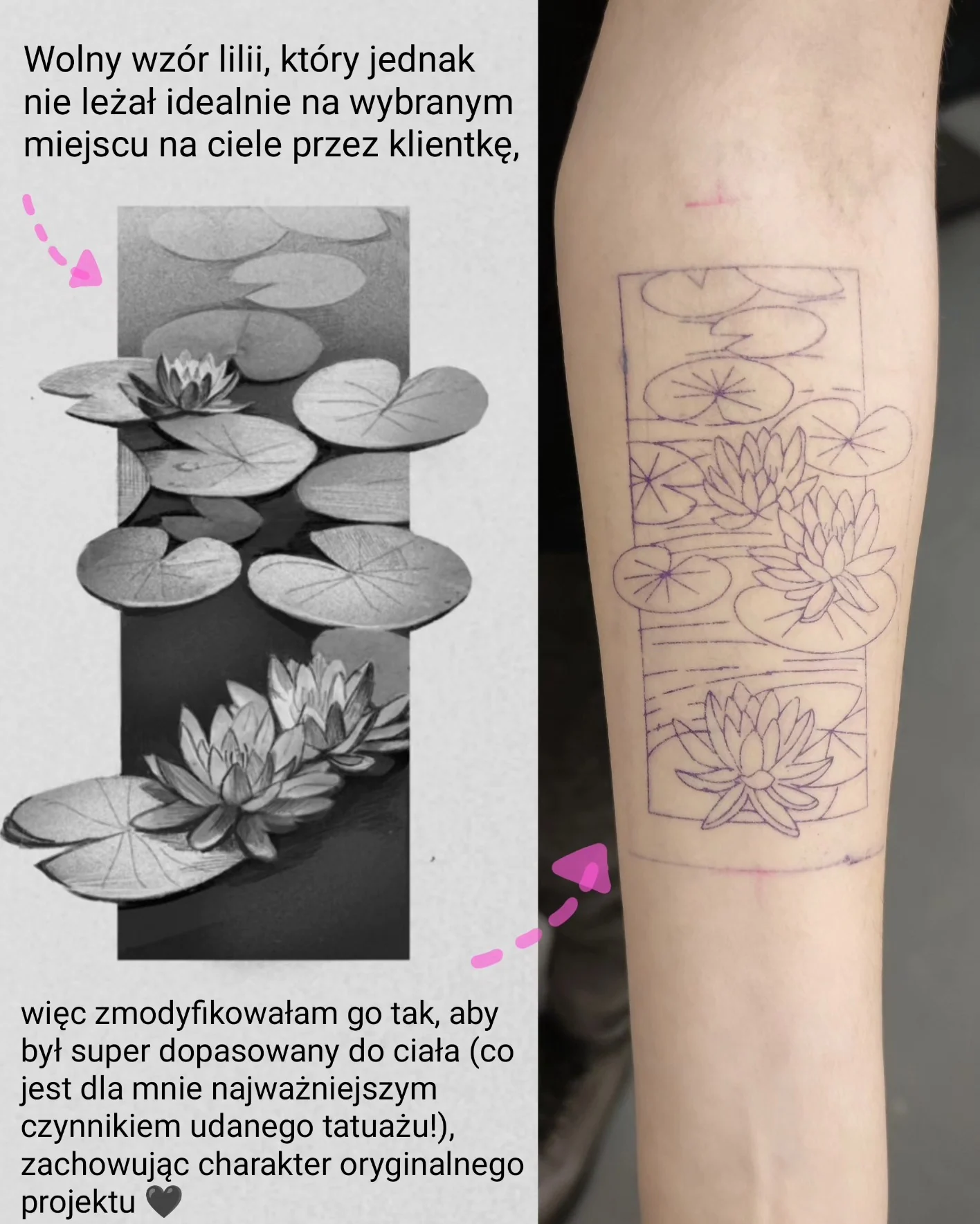 Tatuaż przedstawiający lilie wodne i liście na przedramieniu, wykonany w czerni i szarości; karuzela pokazuje także projekt oraz etap przygotowania wzoru., zdjęcie 2 z 6