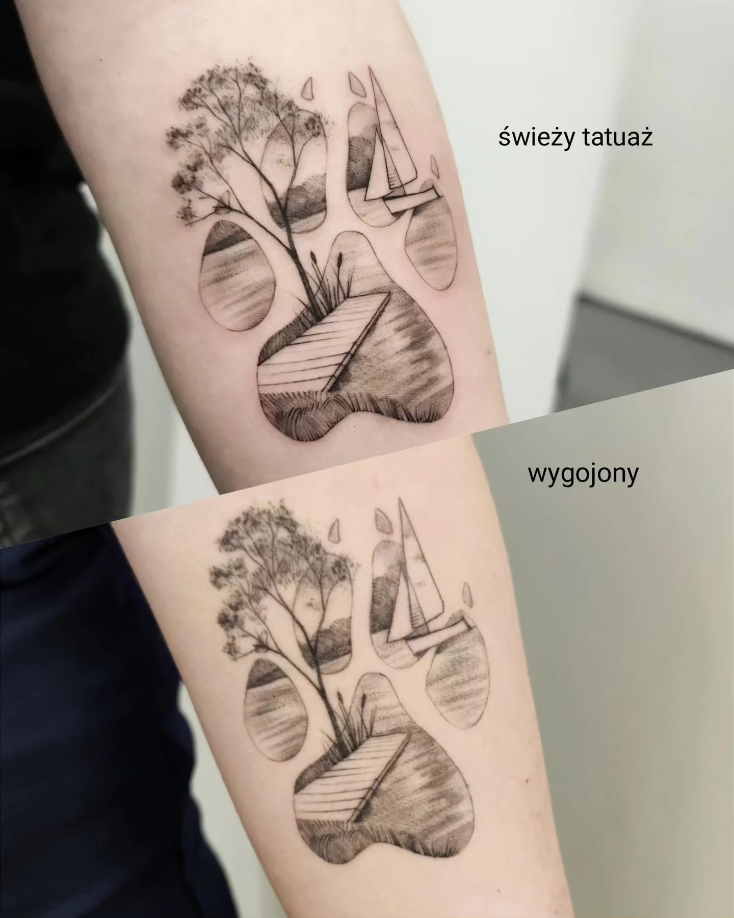 Delikatny tatuaż w kształcie psiej łapki, w którego wnętrzu przedstawiono drzewo, jeziorny krajobraz, pomost i żaglówkę; karuzela pokazuje także porównanie świeżego i wygojonego tatuażu oraz detal projektu., zdjęcie 2 z 4