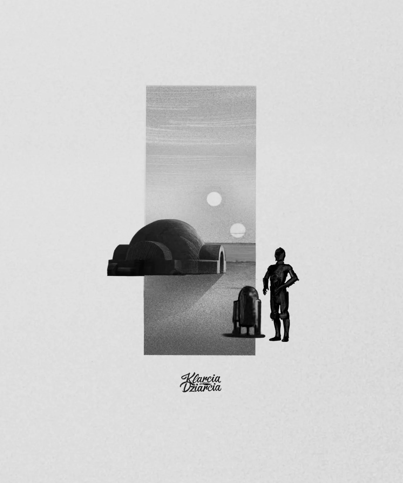 Czarno-biały projekt pejzażu Tatooine z kopułą budynku, dwiema sylwetkami postaci i małym droidem na tle dwóch księżyców.