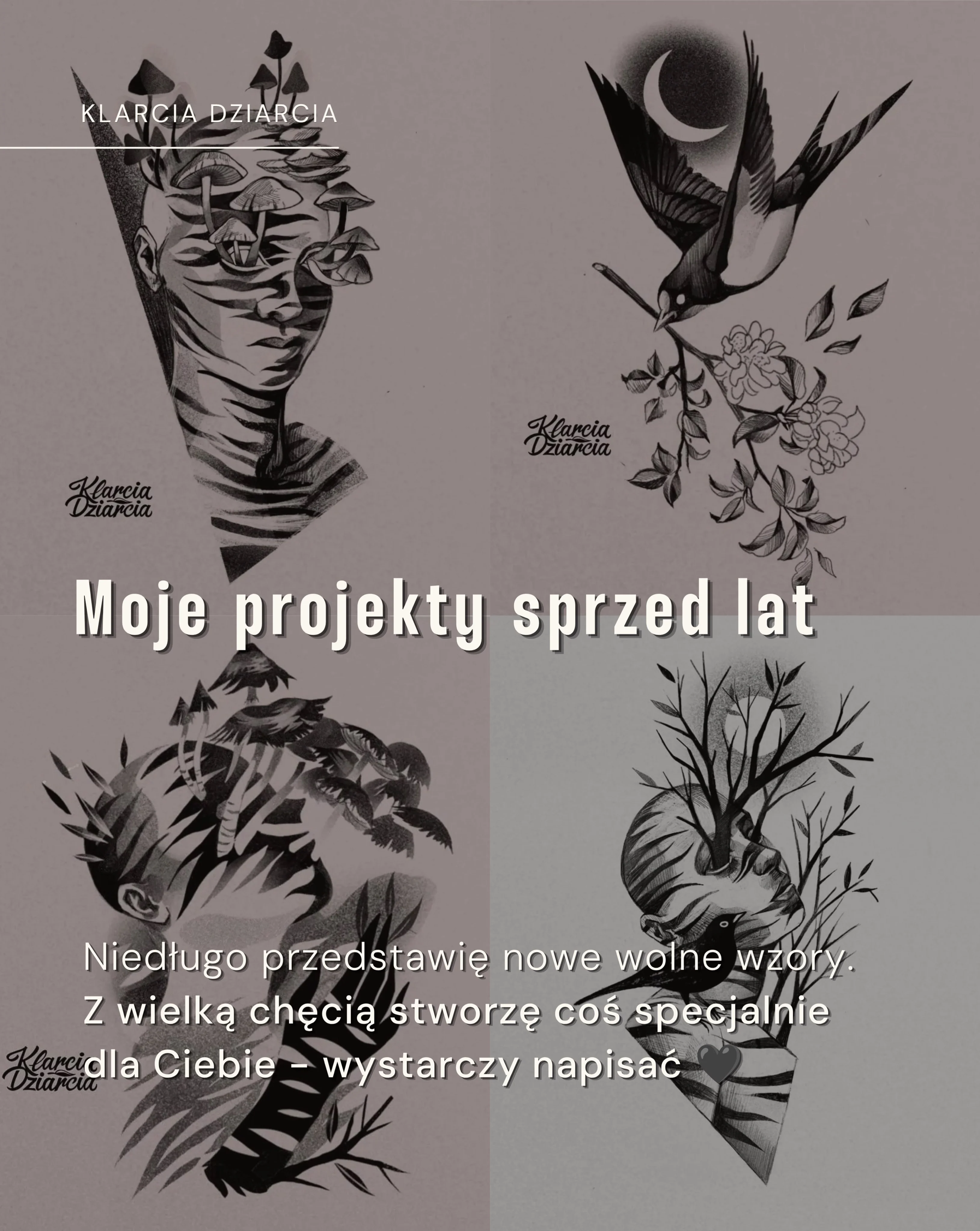 Karuzela czterech czarno-szarych tatuaży z serii Planta Sapiens: postacie ludzi częściowo pochłonięte przez liście, grzyby, gałęzie i ptaki; widoczne są realizacje na udzie, ramieniu i plecach., zdjęcie 10 z 10