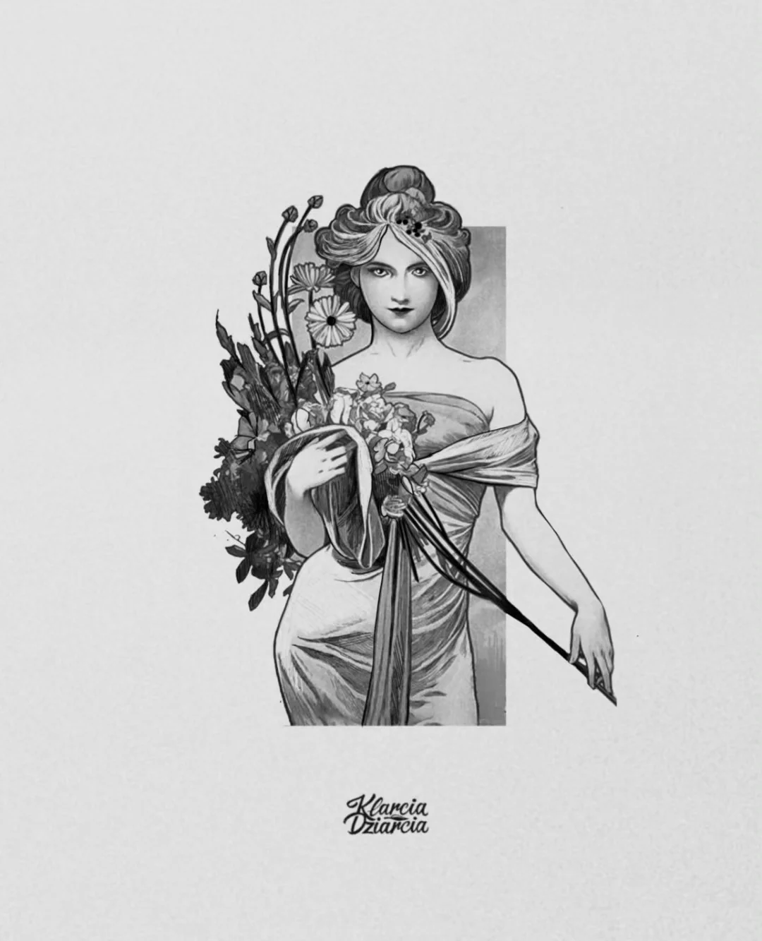 Wygojony tatuaż na nodze przedstawiający kobietę w stylu art nouveau z kwiatami i bukietem, pokazany obok projektu referencyjnego oraz w zbliżeniu., zdjęcie 6 z 6