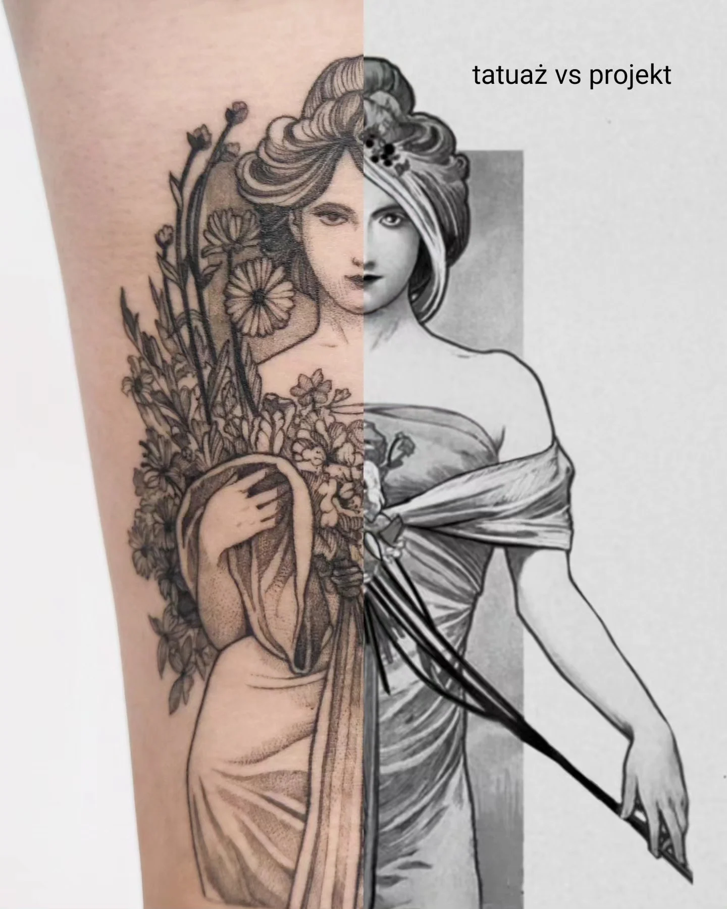 Wygojony tatuaż na nodze przedstawiający kobietę w stylu art nouveau z kwiatami i bukietem, pokazany obok projektu referencyjnego oraz w zbliżeniu., zdjęcie 1 z 6
