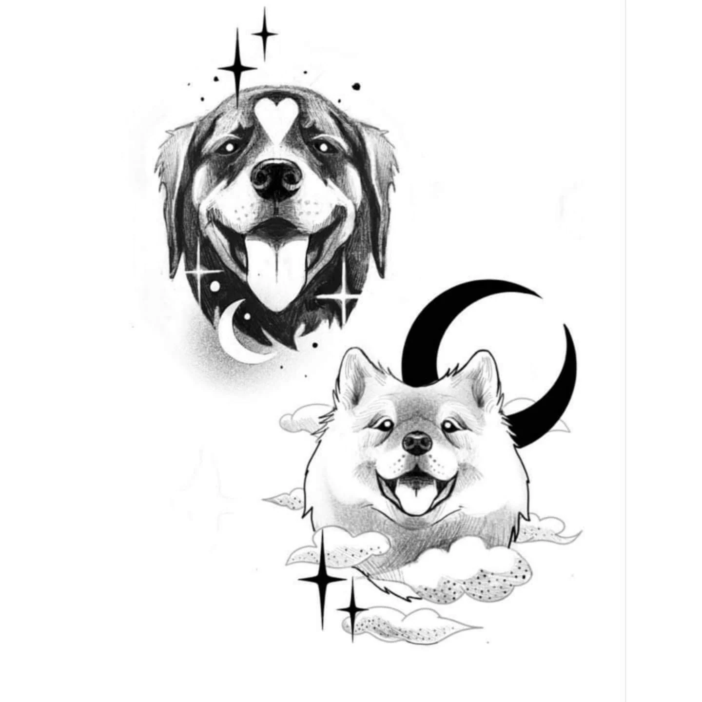 Czarno-biała ilustracja dwóch psów z gwiazdami, księżycem i chmurami; projekt jest pokazany na tablecie oraz na białym tle., zdjęcie 2 z 2