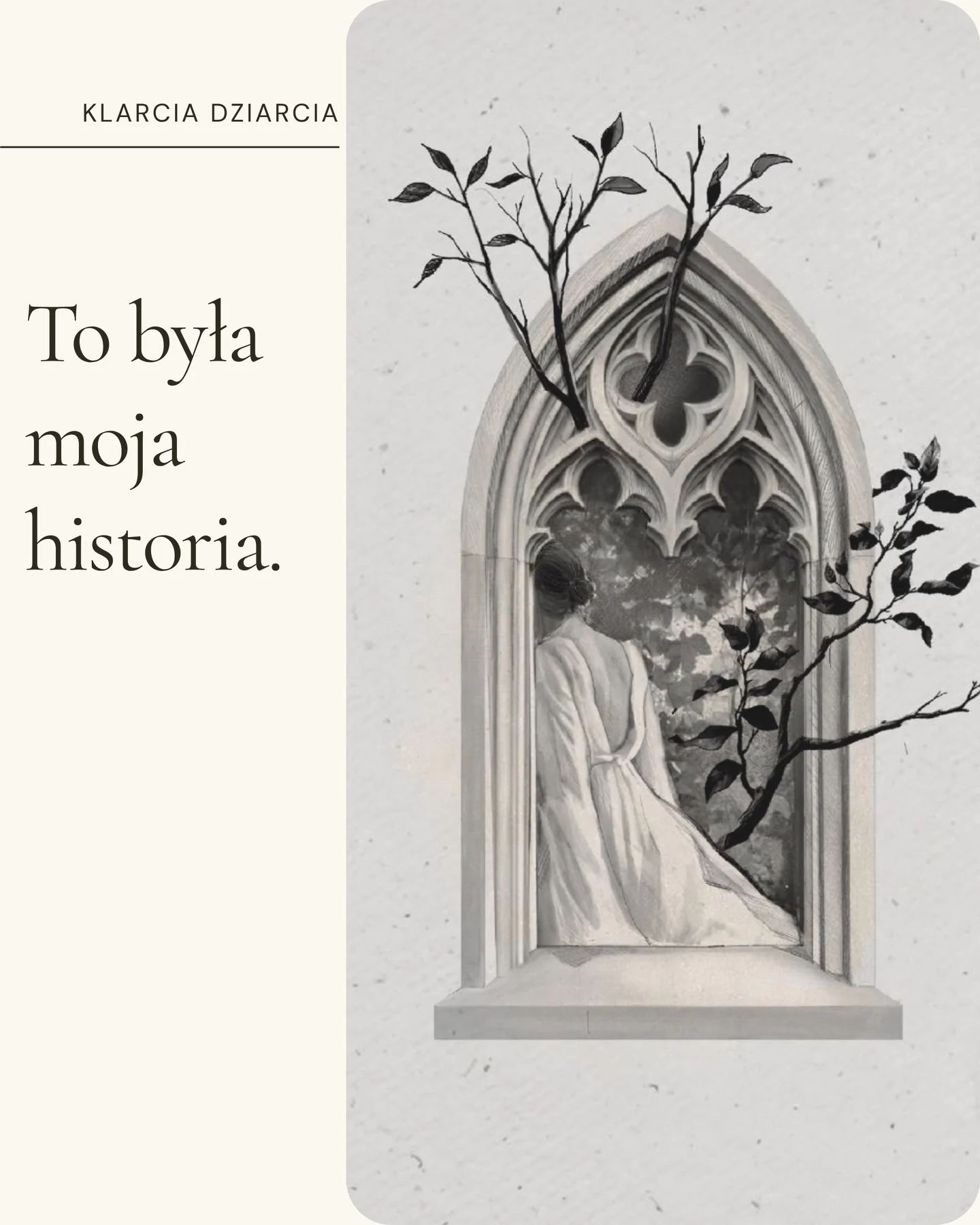Tatuaż na ramieniu przedstawiający gotyckie okno z postacią, ornamentem i gałęziami; obok widoczny autorski rysunek tego motywu., zdjęcie 3 z 9