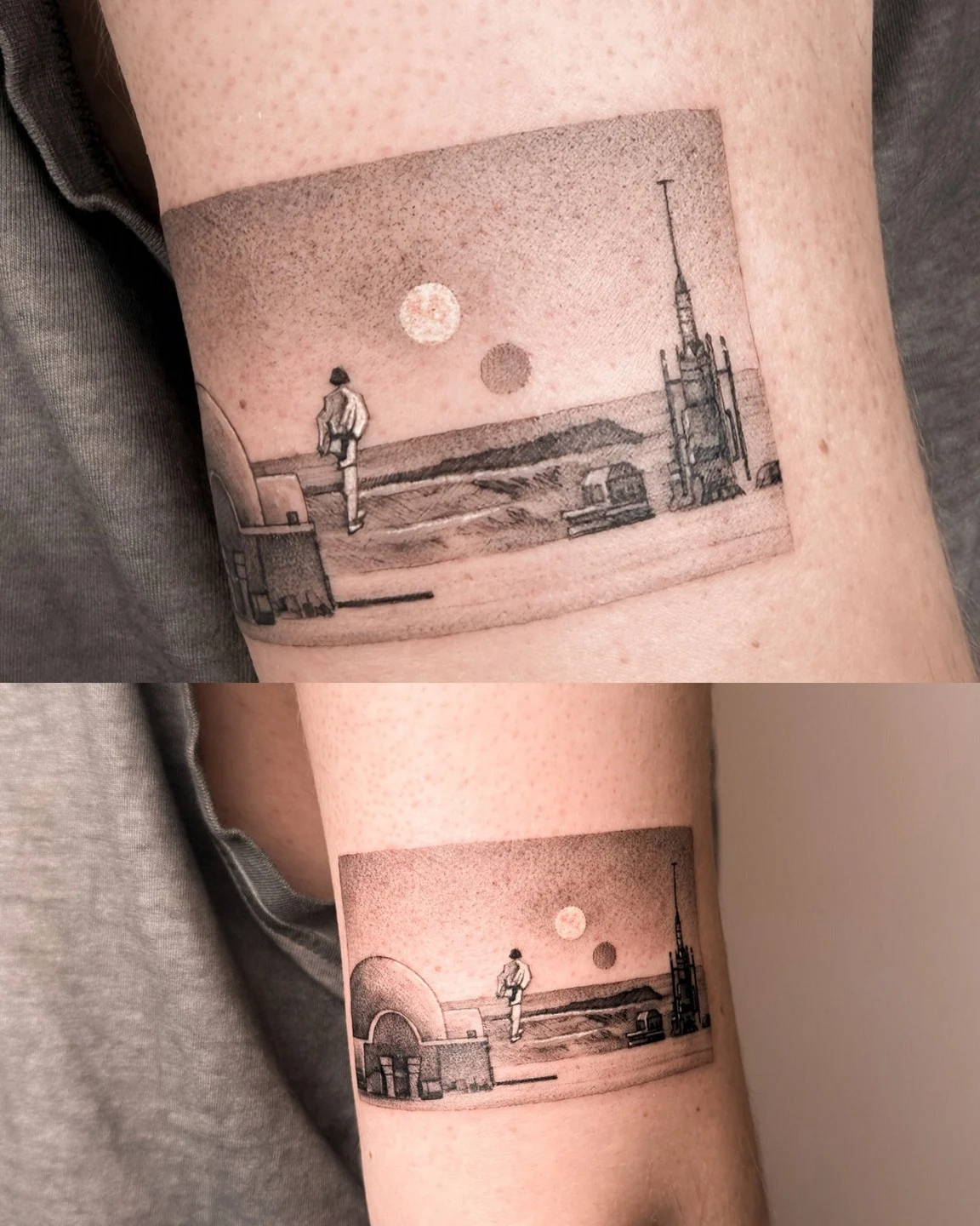 Karuzela przedstawia kilka tatuaży inspirowanych uniwersum Star Wars: pustynny pejzaż Tatooine z postacią Luke’a, C-3PO i R2-D2 oraz osobną scenę z postaciami z serii., zdjęcie 1 z 3