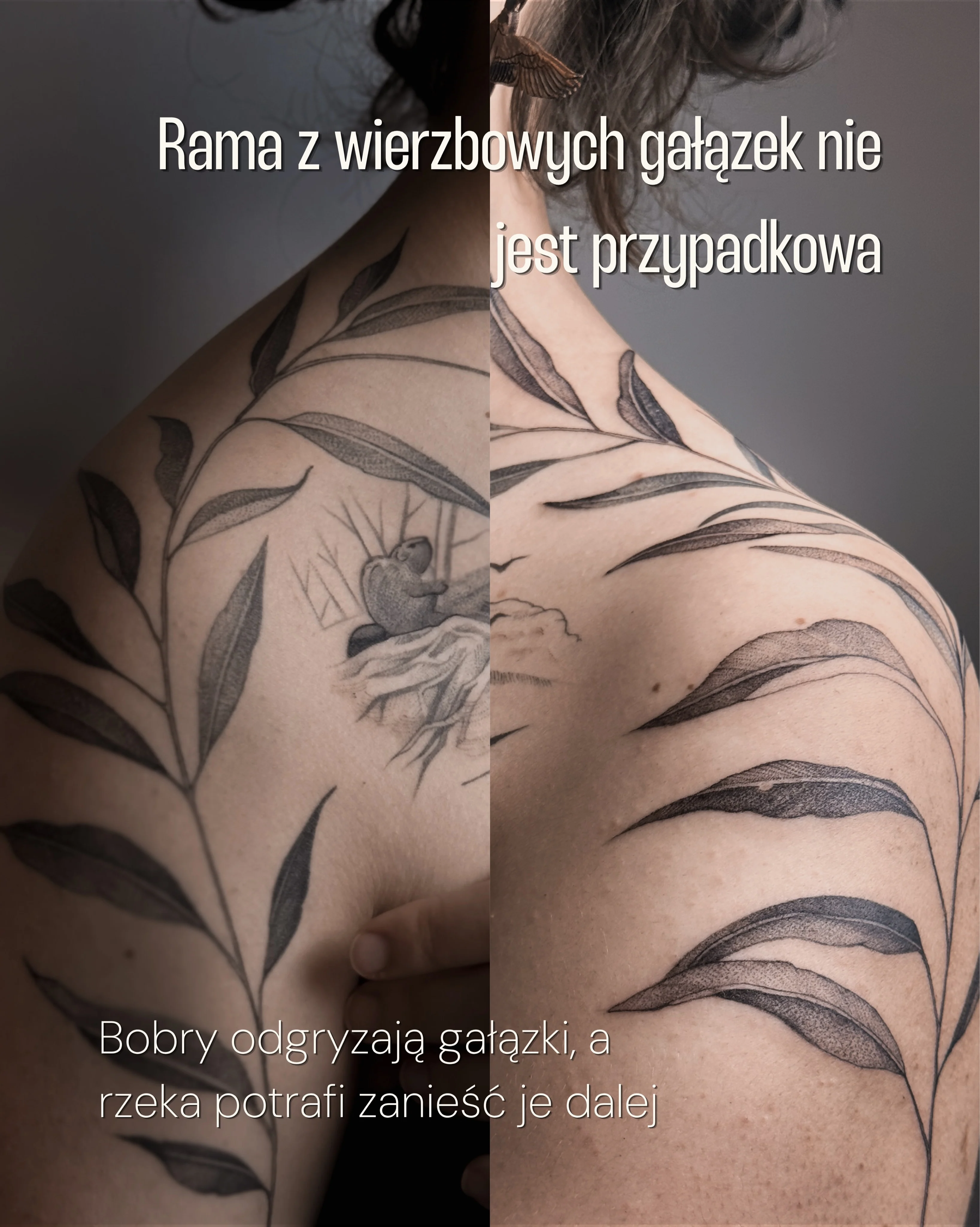 Tatuaż na dekolcie i ramionach przedstawiający rozlewisko z bobrami, trzcinami i wierzbowe gałązki tworzące ramę kompozycji., zdjęcie 4 z 9