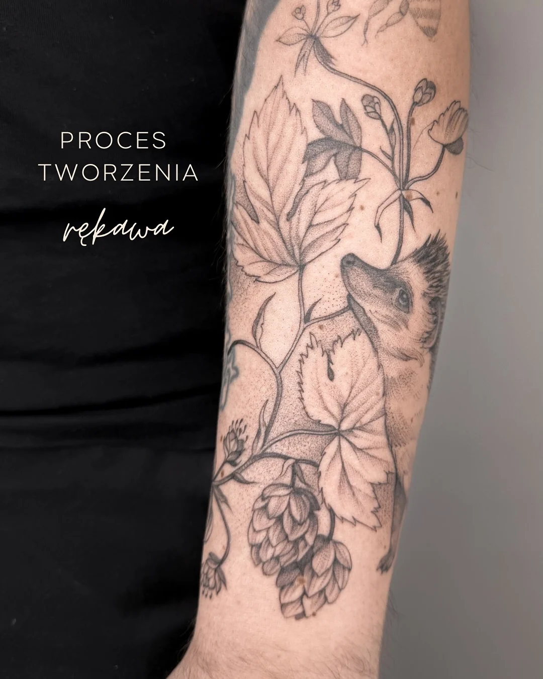 Karuzela przedstawiająca botaniczny tatuaż na przedramieniu: liście, kwiaty, grzyby i inne roślinne motywy rozbudowujące istniejącą kompozycję., zdjęcie 1 z 11